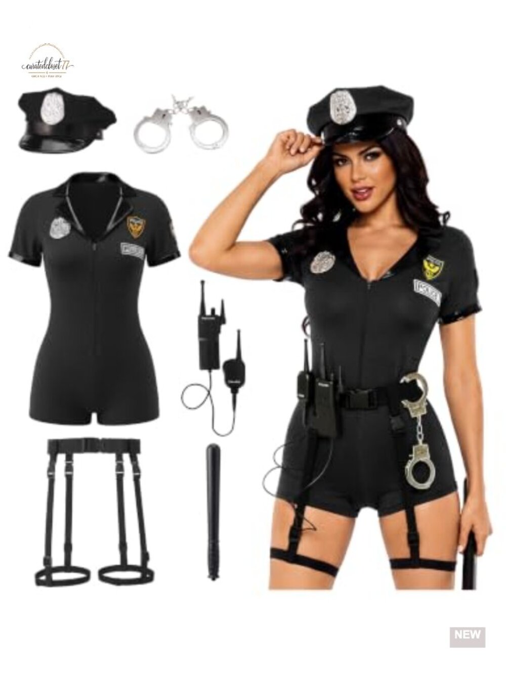 6 Pc Women Police Costume Romper Hat Baton Handcuffs Cosplay Halloween